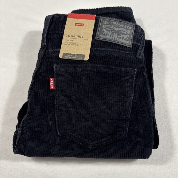 Levis 711 Mid Rise Skinny Corduroy Jeans Womens Size 27X30 Black Slim NWT - Picture 1 of 11